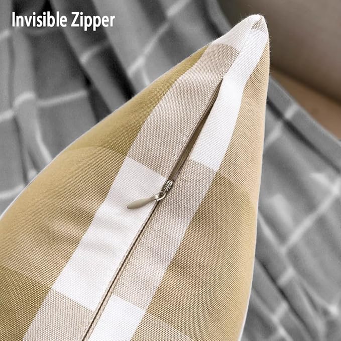 CARRIE HOME Modern Farmhouse Decor Brown Pillow Covers 18x18 Khaki Neutral Plaid Couch Throw Pillows 18 x 18 Set of 4 Brown Buffalo Check Decorative Pillow for Bedroom and Living Room