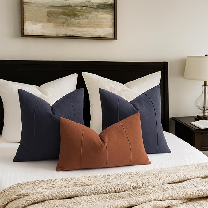 ZWJD Decorative Linen Throw Pillow Covers 16x16 Set of 2 Solid Handcrafted Striped Cushion Covers for Bed Soft Modern Farmhouse Neutral Pillowcase for Couch Bedroom Living Room Home Decor(Dark Navy)