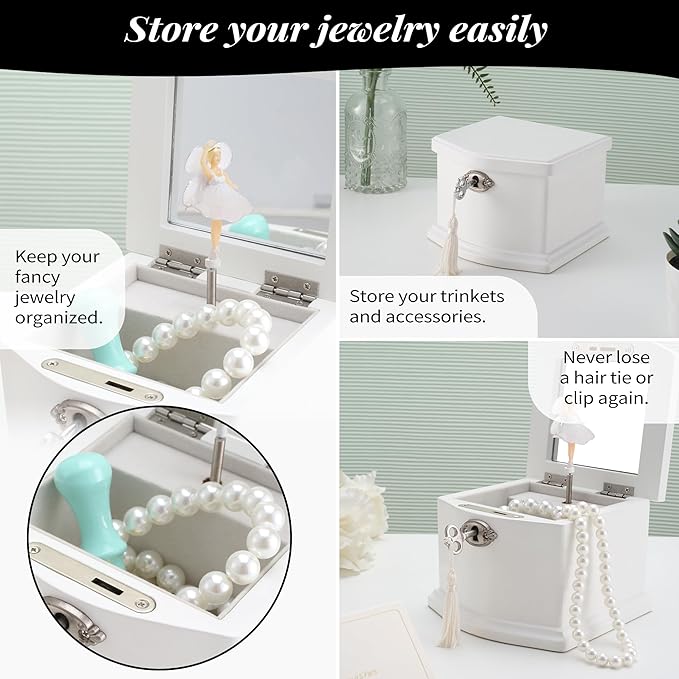 Small White Wooden Ballerina Musical Jewelry Box with Mirror and Lock for Girls，Kid's Jewelry Storage Music Box, Gift for Christmas,New Year, Birthday