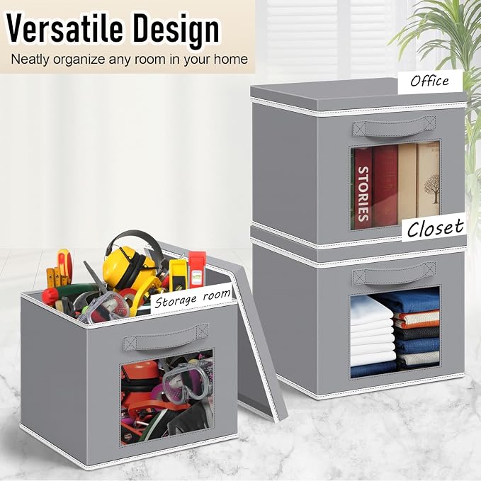 Threehoney 10 Pcs Fabric Storage Cubes with Lids and Clear Windows 11x11 Inch Foldable Closet Organizer Bins Aesthetic Light Gray Storage Bins for Shelves Dorm Essentials Craft & Office Organization