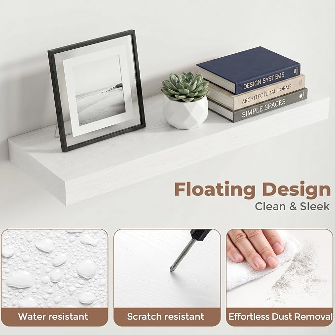 24 Inch Floating Shelves for Wall, 8"D Wood Storage Shelves, White Finish | Engineered Wood, Invisible Bracket, Large Storage, Easy Install, Hold Up to 44lbs, Living Room, Bathroom, Bedroom, Kitchen