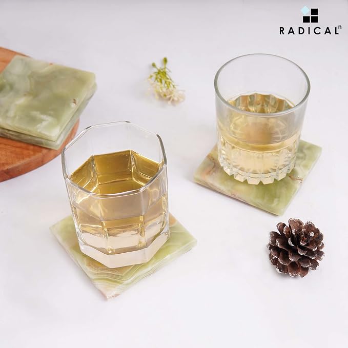 Radicaln Green Onyx Marble Coasters Set of 6 Handmade 3.5" Inch Square Coasters for Drinks, Ideal Coaster Set for Dining & Coffee Tables Decor