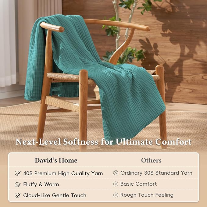 David's Home 100% Natural Cotton Muslin Blanket King Size, 4-Layer Soft Breathable Lightweight Comfy Cozy Throw Guaze for Hot Sleepers, 3D Bubble Room Decor for Bed Couch, Giftable, Teal, 108"x90"