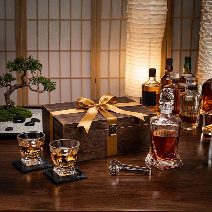 Ember Japanese Crystal Whisky Decanter Set in Wood Storage Box, 4 Tumbler Rocks Glasses & Freezer Chillers - Sake, Scotch, Vodka, Elegant Birthday & Birth Day Barware Gifts, Japan Designed Gifts