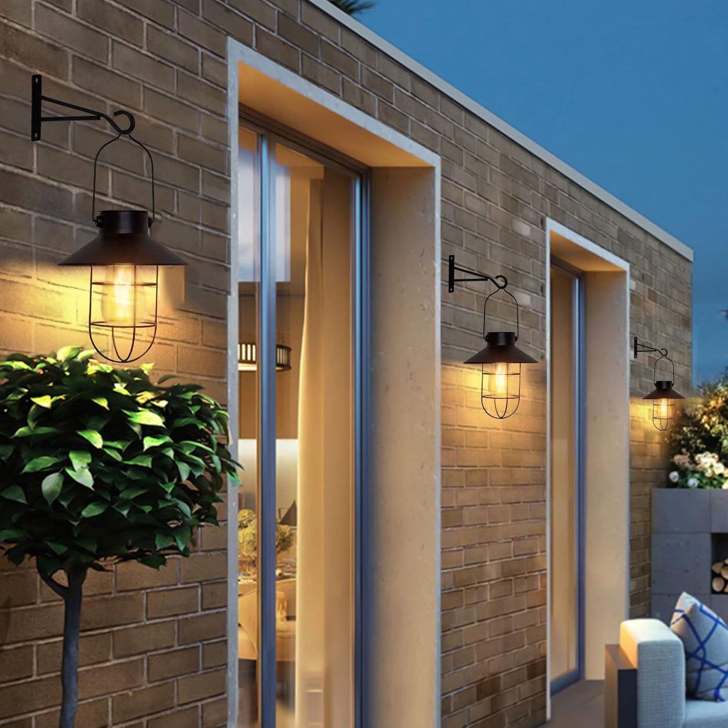 pearlstar Solar Lanterns Outdoor Metal Solar Powered Hanging Lights Waterproof for Wall Barn Yard Garden Patio Garage Balcony Porch Fence Decor, Warm White Edison Bulb (Black-2pack)