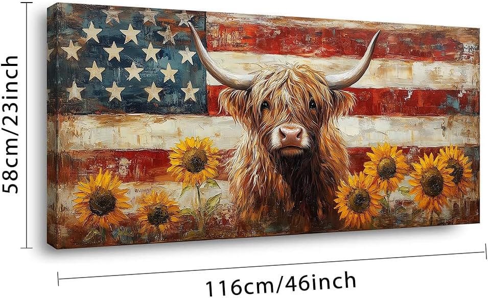 LASMOND Country Highland Cow Wall Art for Living Room Rustic Retro Vintage American Flag Sunflower Canvas Painting Prints Highland Cattle Artwork Farmhouse Bedroom Office Decor (46x23 Inches)