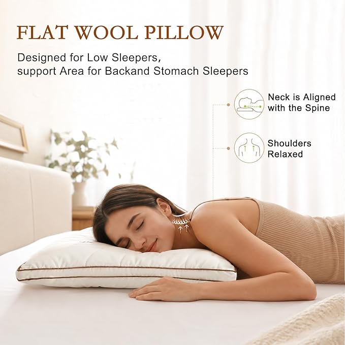 YOUR MOON Natural Wool Pillow King, Flat & Thin Wool Pillow for Sleeping, Breathable Cotton Cover, Low-Loft Bed Pillows for Back and Stomach Sleepers (Off White)