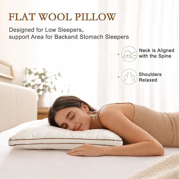 YOUR MOON Natural Wool Pillow Standard Size Set of 2, Flat & Thin Wool Pillow for Sleeping, Low-Loft Bed Pillows for Back and Stomach Sleepers, Breathable Cotton Cover(Off White)