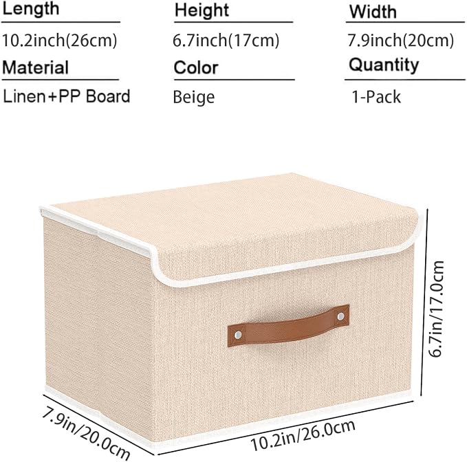 Yawinhe Collapsible Storage Boxes, Stackable Linen Fabric Baskets, Bin with lid and Leather Handle, Washable, for Home, Closet, Beige, 10.2x7.9x6.7 In, 1-Pack, SNK024BEN-1
