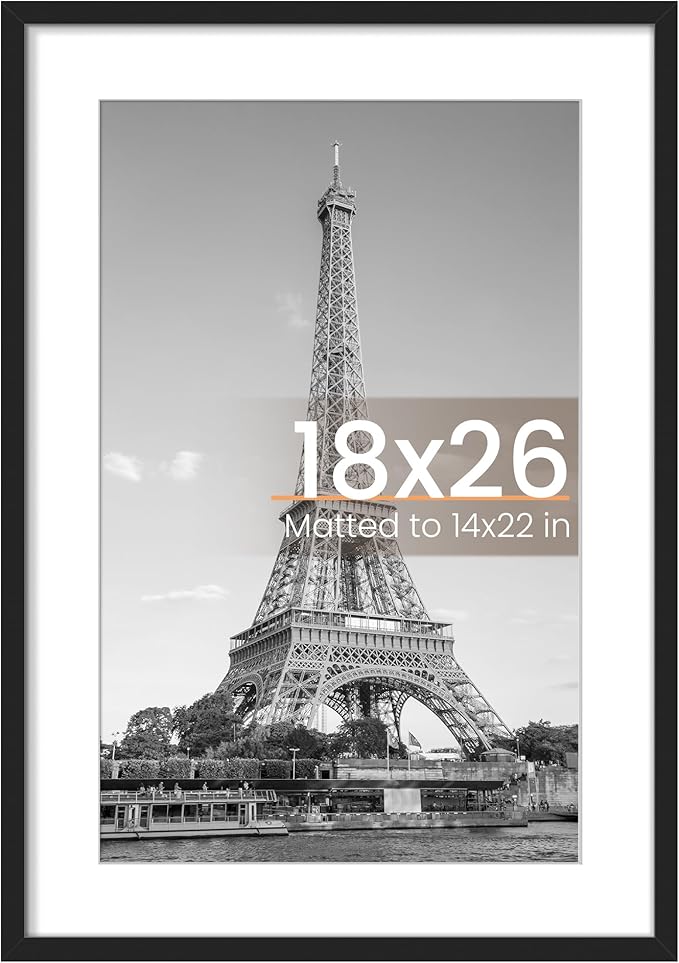 upsimples 18x26 Picture Frame, Display Pictures 14x22 with Mat or 18 x 26 Without, Wall Hanging Poster Frames, Black, 1 Pack