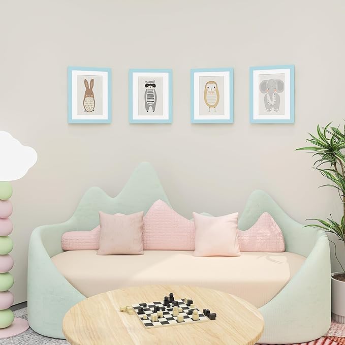 KINLINK 8.5x11 Kids Art Frame Set of 2, Solid Wood Kids Artwork Frames Changeable with Front Opening Hold 150 Pictures, Art Frames for Kids Art with Mat，without Mat 8.5x11 Picture Frame Light Blue