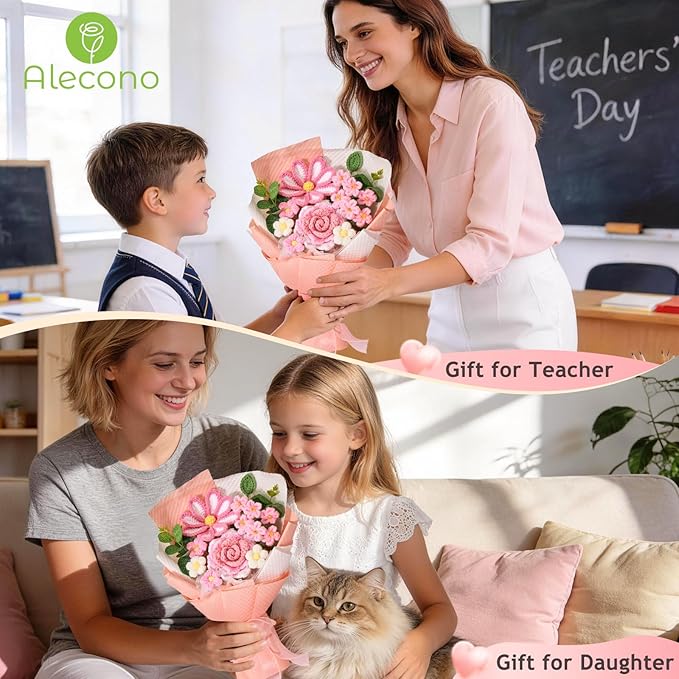 Alecono Crochet Flower Bouquet, Knitted Flowers, Pink Handmade Bouquet of Flowers for Mother's Day Anniversary Birthday Party Graduation Valentine's Day Gifts (Include Card)