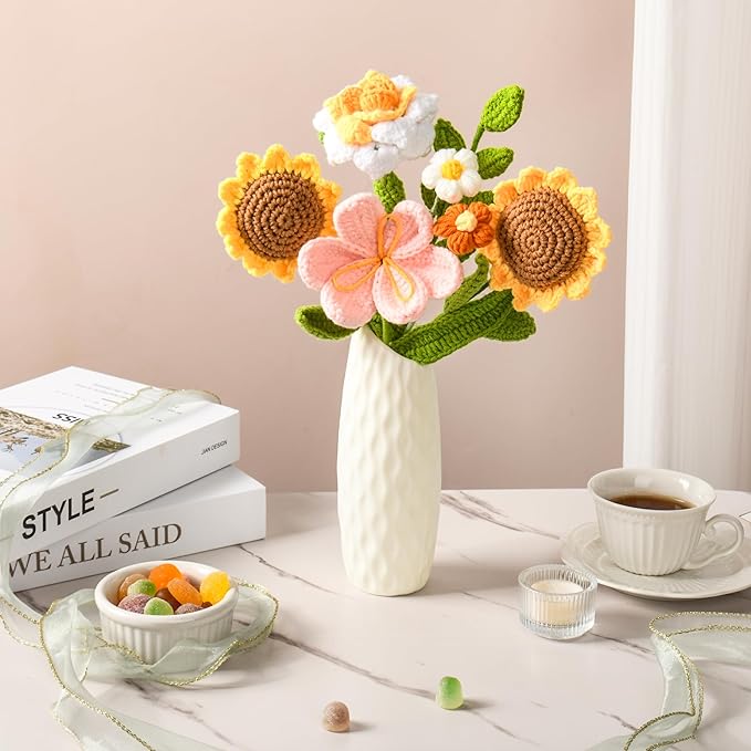 Crochet Flower Bouquet, Orange Crochet Flowers for Mother's Day, Crochet Sunflowers Tulips Roses Bouquet for Valentines Day, Weddings Birthdays Home Decor Gift for Women Moms Wife Friends