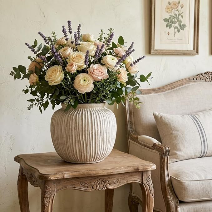Oakrain Large Rustic Decorative Vase, 9" Distressed Round Floor Vase for Home Decor, Farmhouse Centerpieces Planters for Living Room Indoor Outdoor Use, Vintage White