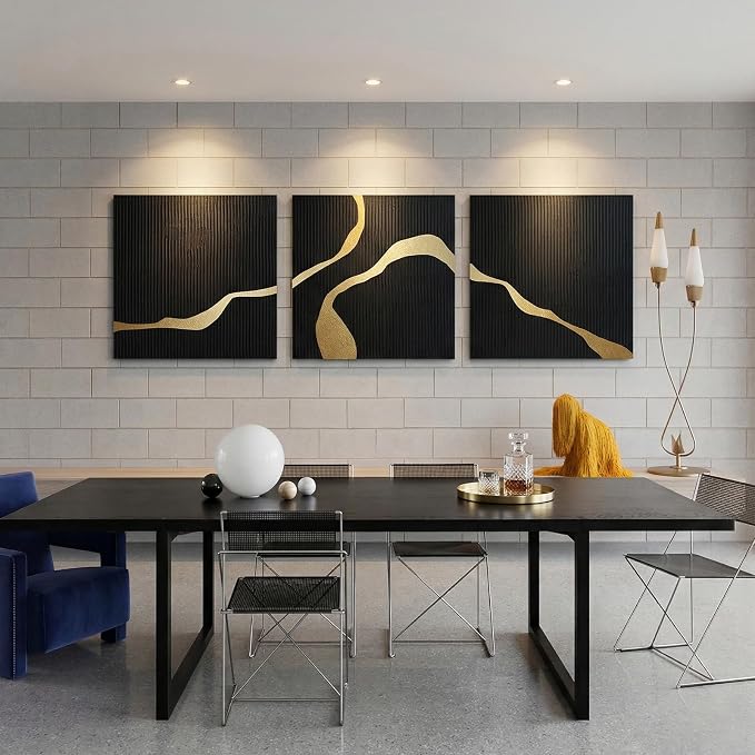 3-Piece Black Abstract Canvas Wall Art Set, Modern Minimalist Wall Decor | Textured Oil Painting Triptych for Living Room Bedroom Office Dining Room, Contemporary Hand-Painted Wall Art,30x30 In Each