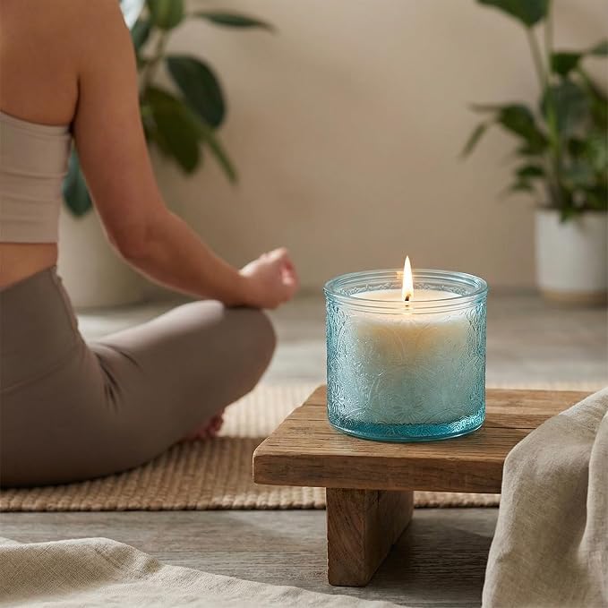 10 oz Blue Mandala Glass Candle Jars with Bamboo Lids, 9 Pack | Patented Embossed Design, Includes Wick Centering Devices & Warning Labels, Multiple Color Options