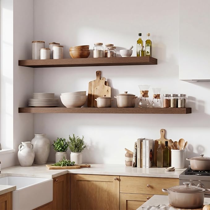 Acovy 24 Inch Floating Shelves for Wall,12" Deep Floating Shelf Set of 2 with Invisible Brackets,Rustic Farmhouse Wall Mounted Shelf for Kitchen,Bathroom,Living Room,Bed Room,Walnut
