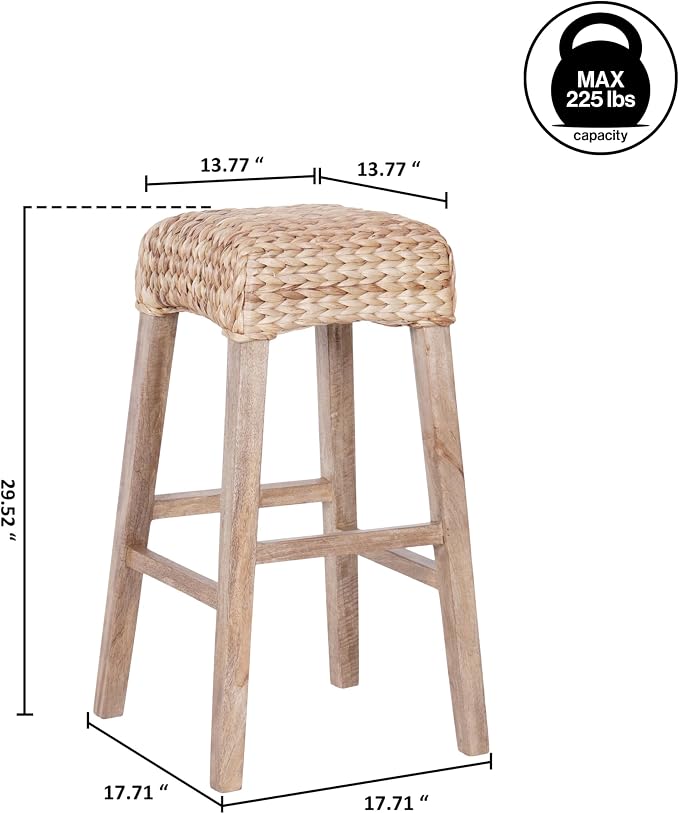 JONATHAN Y Maui Coastal Woven Water Hyacinth Bar Stool, Mango Wood Frame, 30" Backless Barstool for Kitchen Island with Integrated Footrest, Fully Assembled, Coastal, Natural BSL1101B