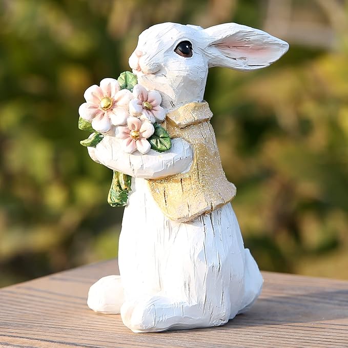 Hodao Easter Bunny Decorations Spring Home Decor Bunny Figurines Gifts(Spring White Rabbit)