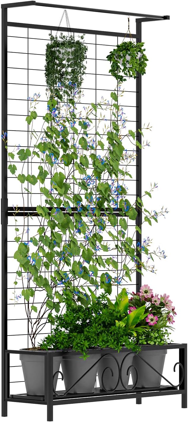 Zhongma Metal Planter with Trellis Raised Bed with Trellis for Vine Climbing Plants Flowers(12.8 x 35.43 x 74 in), 74 Inch Height Privacy Screen with Hanging Plant Pot Shelf