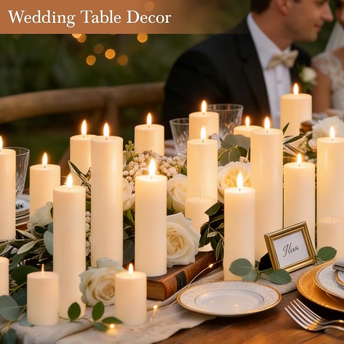 18 Pcs Ivory Pillar Candles Bulk Set, 2x3” 2x6” 2x8” Paraffin Hurricane Candles, Unscented Dripless Smokeless, Long Burning for Party Wedding Events Home Decor