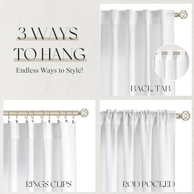 Jowels White Linen Curtains 63 Inch Long 2 Panels for Living Room | Light Filtering Semi Sheer Curtain, Back Tab Pocket Pleated Look, Boho Farmhouse Textured Privacy Drapes for Bedroom Window