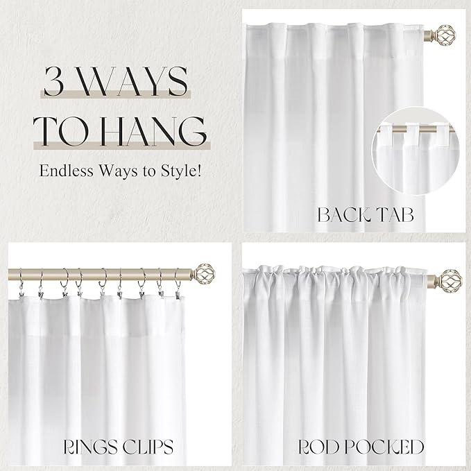 Jowels White Linen Curtains 88 Inch Long 2 Panels for Living Room | Light Filtering Semi Sheer Curtain, Back Tab Pocket Pleated Look, Boho Farmhouse Textured Privacy Drapes for Bedroom Window