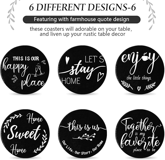 Queekay Coasters Set of 6 House Warming Gifts New Home Wooden Farmhouse Drink Coasters with Holder 4'' Funny Decoration for Kitchen Family Coffee Bar Tabletop Protection(Black)