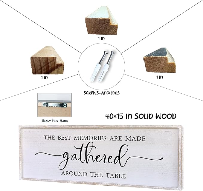 The Best Memories Are Made Gathered Around The Table Wall Decor 40"x15" Large Rustic Farmhouse Dining Room Wood Framed Modren Signs Kitchen Home Simple Hanging Wall Art (White)