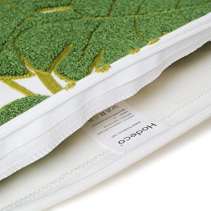 Embroidery Throw Pillow Cover 18x18 Green 7 Tropical Monstera Leaves Loop Plant Floor Pillow Cover for Couch Gift 100% Cotton Decorative Cushion Cover Home Décor Pillow Case 45x45cm, 1 Piece