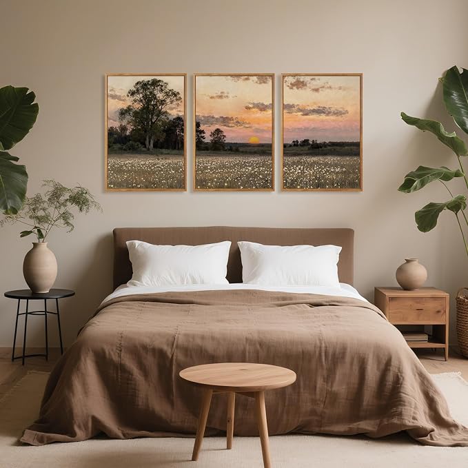 TOARTi Large Framed Countryside Landscape Canvas Wall Art, Wildflower Sunset Fireflies Painting Art Prints,Vintage Farmhouse Natural Scenery Wall Decor for Living Room Bedroom Office-24”x35”x3