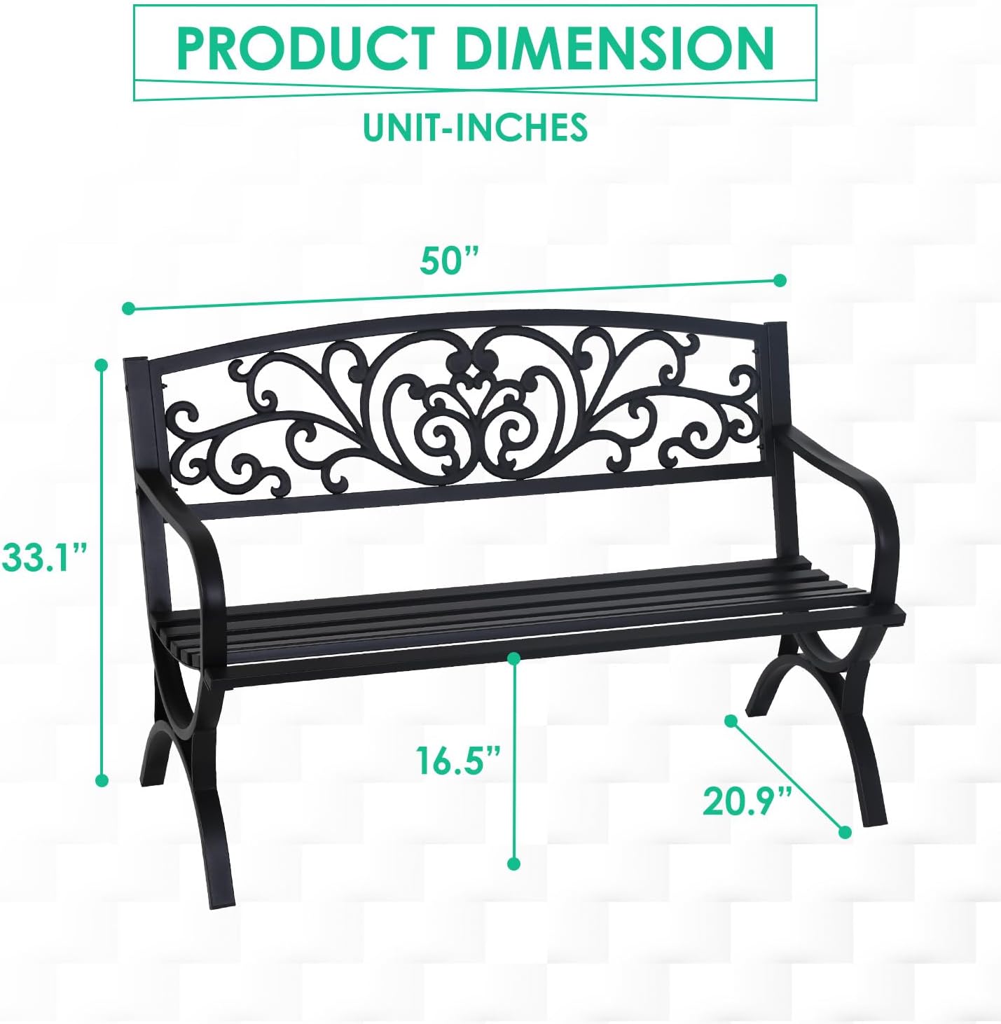 FDW Outdoor 50 Inches Garden Bench, Slatted Seat Armrests Floral Design Backres and Arch Legs, Perfect for Park, Yard, Porch, Lawn, Balcony, Backyard, Black