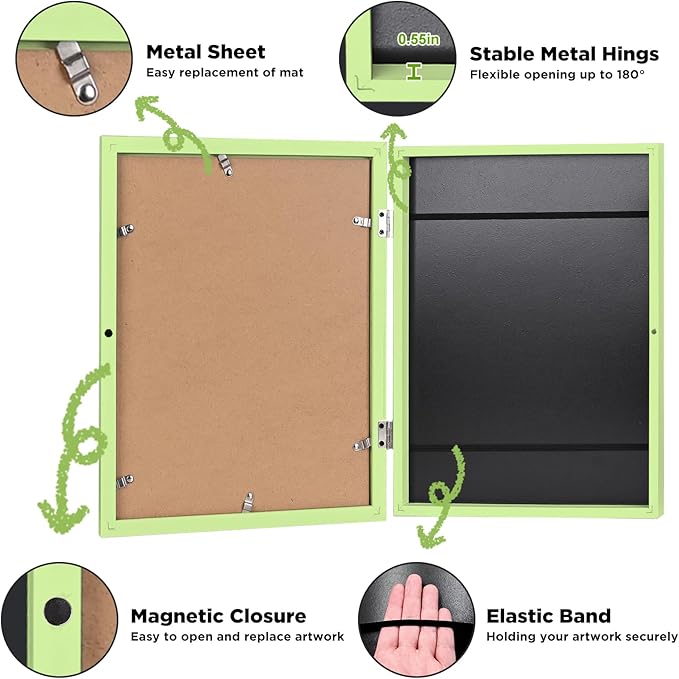 KINLINK 8.5x11 Kids Art Frame Set of 2, Solid Wood Kids Artwork Frames Changeable with Front Opening Hold 150 Pictures, Art Frames for Kids Art with Mat，without Mat 8.5x11 Picture Frame Light Green