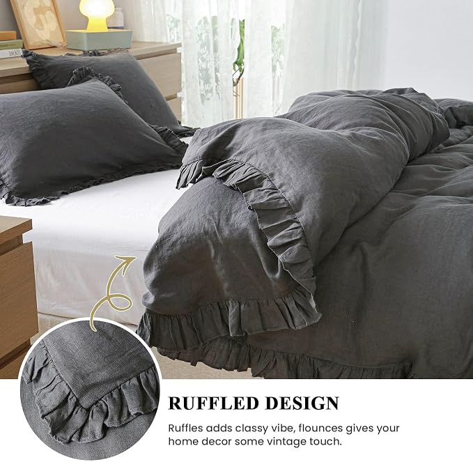 Simple&Opulence 100% Linen Duvet Cover Set, 3 PCS Natural French Flax Dark Grey Ruffle Duvet Cover Queen Size, Breathable Comfy Linen Bedding Comforter Cover with 2 Pillowcases (Dark Grey, 88" X 92")