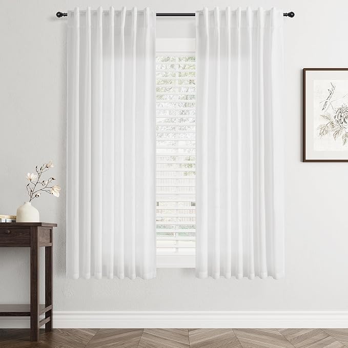 Jowels White Linen Curtains 60 Inch Long 2 Panels for Living Room | Light Filtering Semi Sheer Curtain, Back Tab Pocket Pleated Look, Boho Farmhouse Textured Privacy Drapes for Bedroom Window