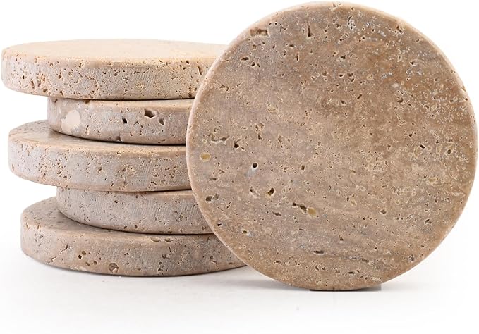 Perilla Home Handcrafted 4-4" Travertine Coaster – Set of 6 Round Coaster for Home, Kitchen or Office,Natural Absorbent Coasters for Hot & Cold Beverages Perfect Table Accessories for Modern Living