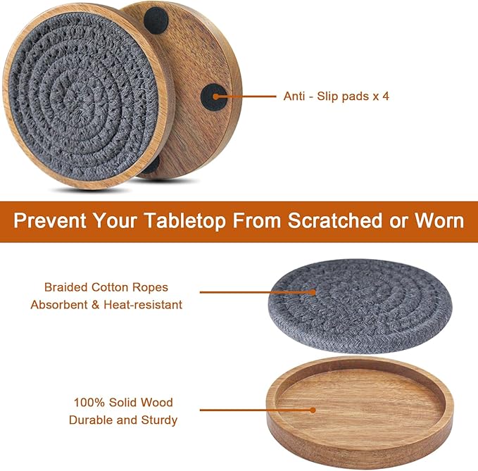 Eykao Coasters for Drinks Absorbent Sets of 8, Woven Coasters with Holder, Wood Coasters for Coffee Table, Housewarming Gift for Farmhouse Home Decor, 4 inches Gray