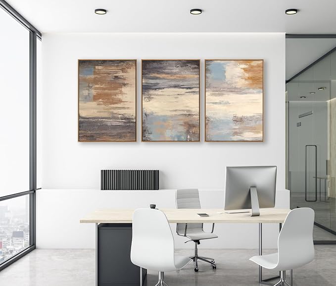 Large Framed Canvas Wall Art - Natural Float Framed Colorful Pictures for Living Room Decor Contemporary Brown Beige Grey Lines Artwork for Bedroom Kitchen Home Office Decoration 60" X 28" Set of 3