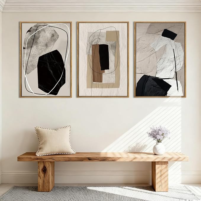Anyzal Extra Large Abstract Neutral Framed Wall Art 24x36 Inch Black Modern Canvas Wall Decor Tan Grey Minimalist Artwork for Living Room Dining room Bedroom Set of 3