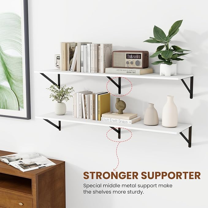 Heimlove White Deep Floating Shelves for Wall, 44W x 12D Wood Wall Shelves Set of 2, Wide Floating Bookshelf for Living Room, Kitchen, Office, Bedroom and Decor Storage, with Black Bracket - White