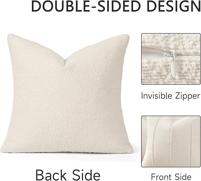 YCOLL Textured Boucle Throw Pillow Covers 20x20 Pack of 2 - Soft Neutral Striped Cushion Covers, Cozy Accent Decorative Pillow Covers for Couch, Sofa, Bed, Living Room (Ivory)