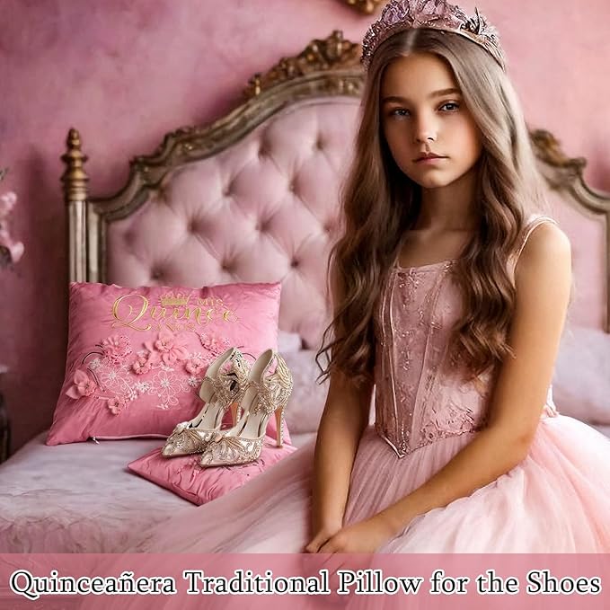 Mixweer 2 Sets/ 4 Pcs Cojines Pink Quinceañera Pillow Set 2 Pcs Quinceañera Embroidered Pillow Decorative with 2 Covers Cojines para 15 Años De Quinceañera Wedding Decorations Mis Gifts