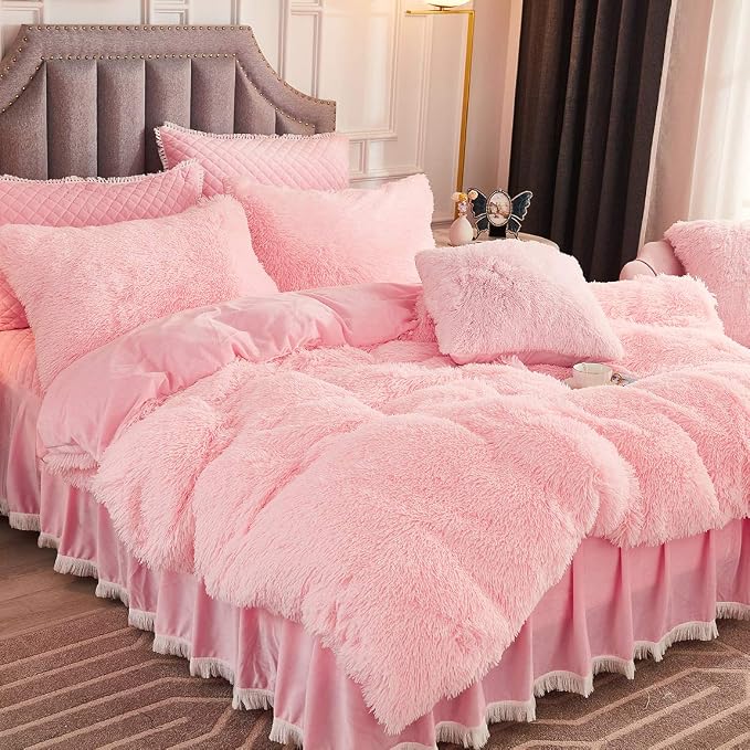 JAUXIO Luxury Long Faux Fur 3 PCS Bedding Set Shaggy Comforter Duvet Cover with Pillow Shams Ultra Soft Crystal Velvet Reverse (King, Pink)