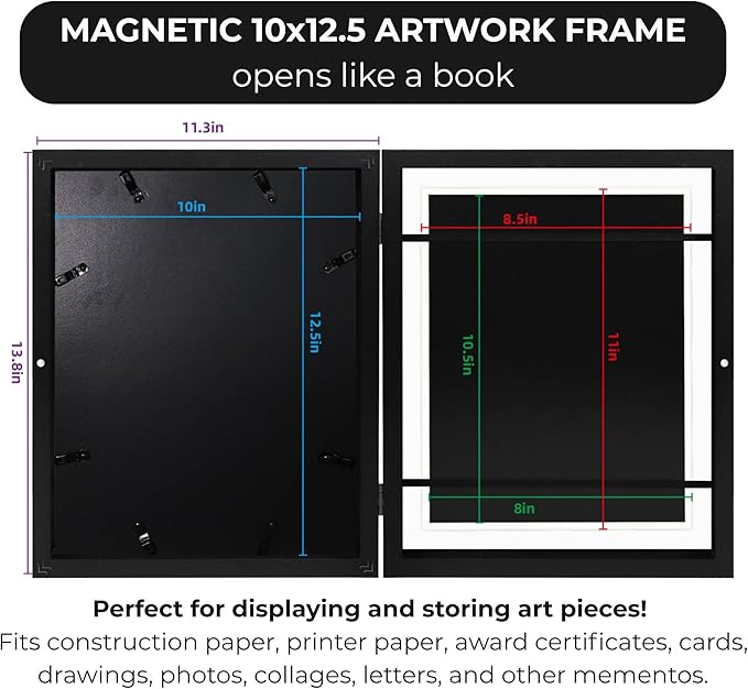 2-Pack Kids Artwork Frames Changeable 10x12.5 with Easel Stands, Hangers, Backboards, Shatterproof Plexiglass | 2 Mats Fit 9x12, 8.5x11, A4 Paper Sizes | Large and Easy-Access Kids Art Frame Display and Storage for up to 100 Sheets (Gold)