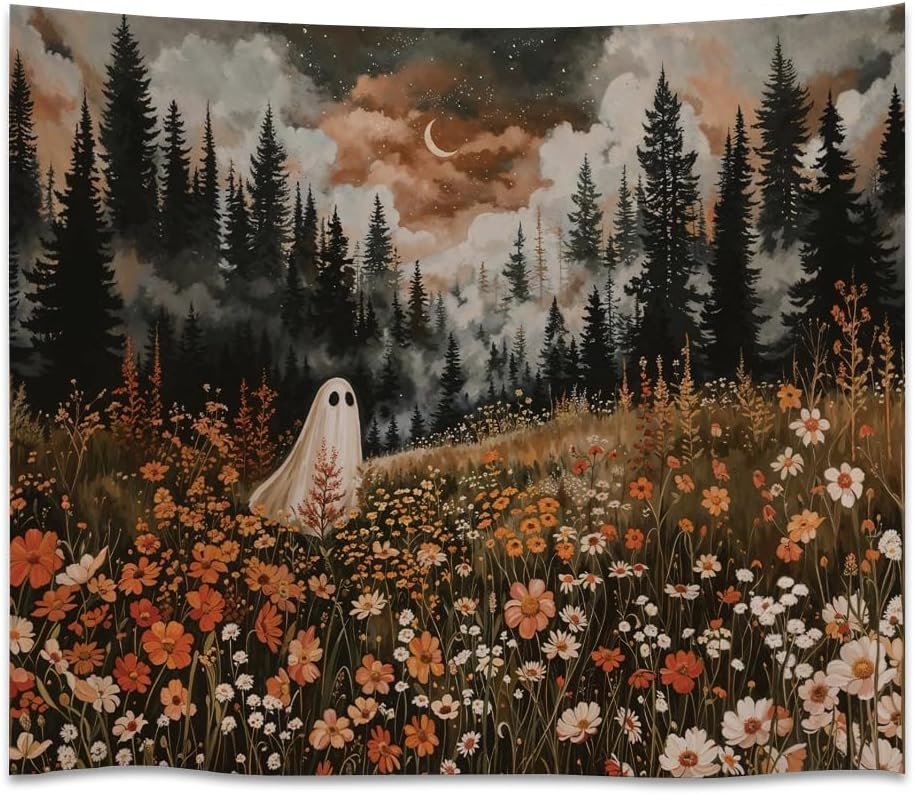 Spooky Fall Forest Art Halloween Tapestry Wall Hanging Cute and Funny Forest Flower Ghost Tapestry for Bedroom Whimsical Dark Academia Aesthetic Tapestries for Home Living Room Decor 60x80inch