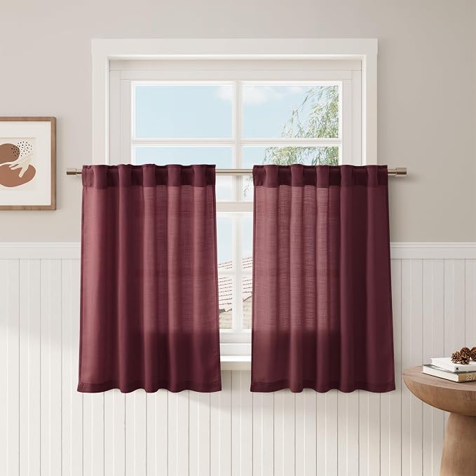 Burgundy Linen Cafe Kitchen Curtains 30 Inch Length Linen Blend Semi Sheer Light Filtering Short Curtain Back Tab Rod Pocket for Over Sink Window Scandinavian Bathroom Laundry 2 Panels 36Wx30L