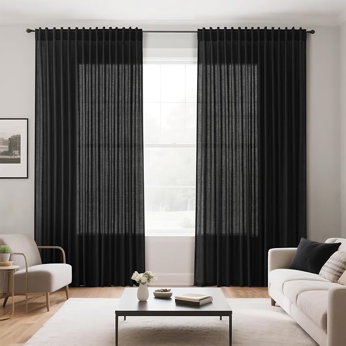 Nanspring Black Linen Curtains 63 inches Long for Bedroom Back Tab Sheer Black Curtains Modern Farmhouse Coastal Decor Cotton Textured Gauze Curtain for Bathroom 2 Panel Set 52x63