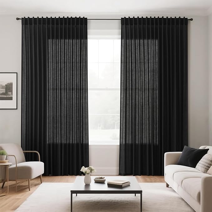 Nanspring Black Linen Curtains 90 Inches Long for Living Room 2 Panels Set Semi Sheer Vertical Curtains Back Tab Rod Pocket Simple Modern Privacy Curtain for Bedroom/Dinner Room 60x90