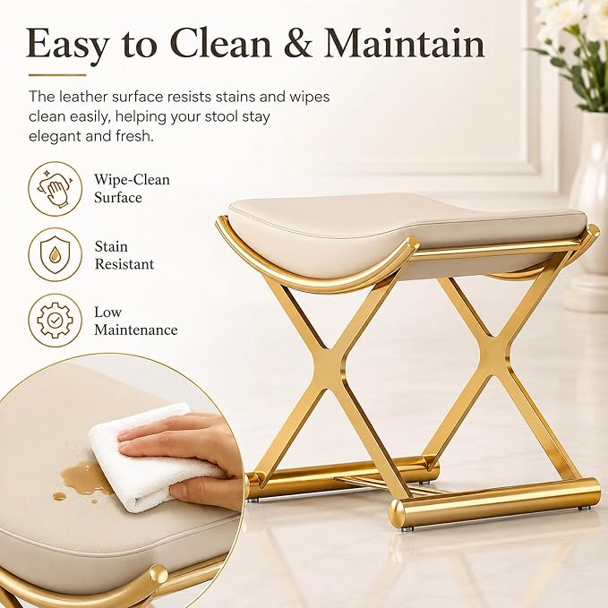 Makeup Vanity Stool Chair, Small Leather Upholstered Ottoman with Cushioned Seat and Metal X-Frame for Vanity Desk, Bathroom, Bedroom and Dressing Room, Gold