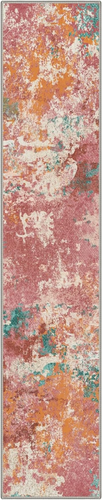 BEIMO 2X10 Runner Rug for Hallway Kitchen, Machine Washable Runners Rug for Entryway, Soft Modern Abstract Throw Rugs, Low Pile Floor Cover with Non Slip Backing, Red Green